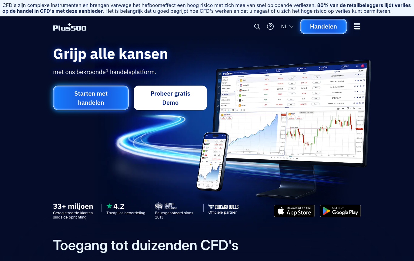 De website en het platform van Plus500