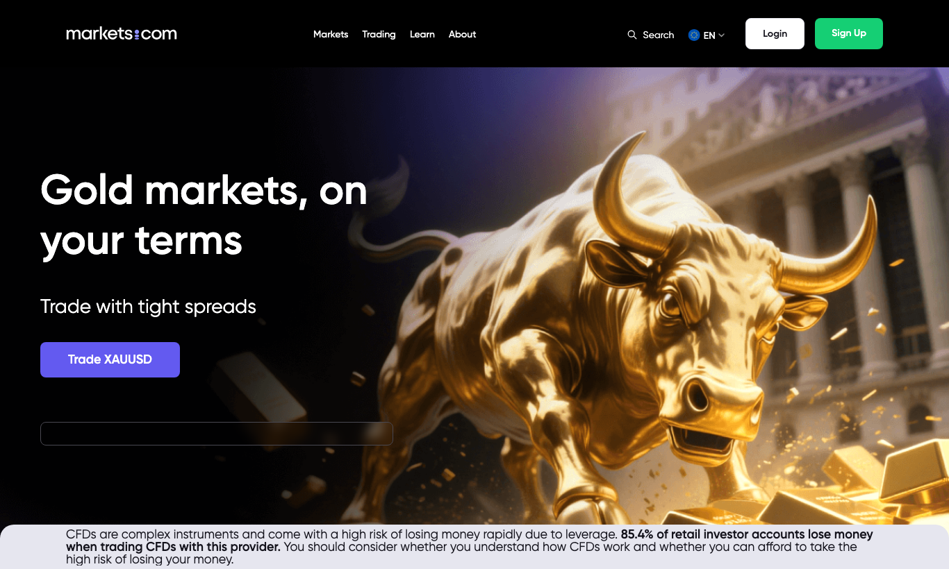 Markets.com handelsplatform met live koersen en instrumenten