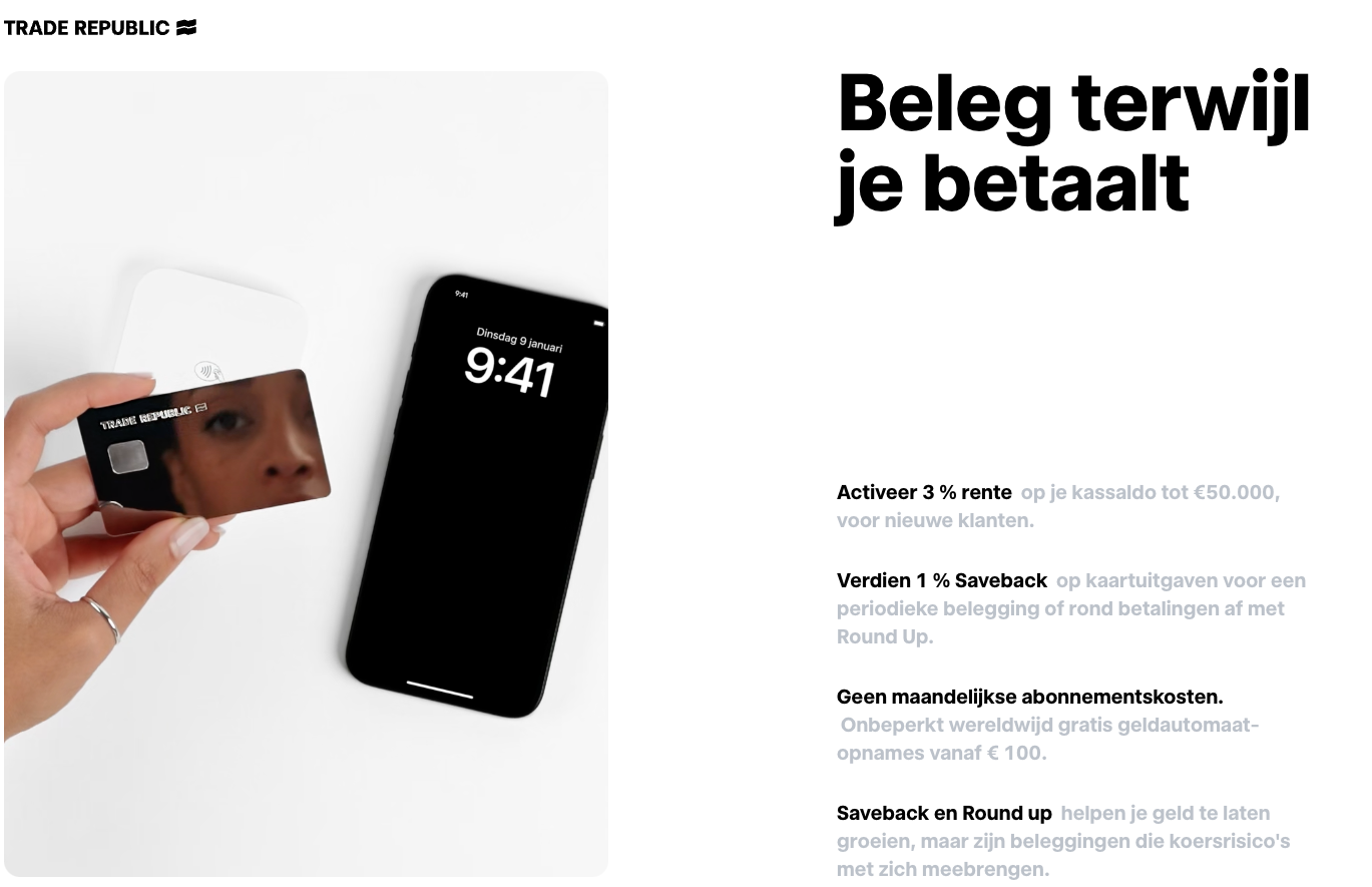 Trade Republic: beleggen gecombineerd met een betaalkaart, Saveback en rente op kassaldo